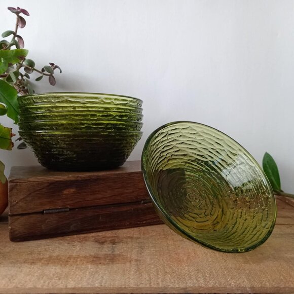 (Set - 6) Vintage Mid-Century Avocado Green Glass Bowls "Soreno" Anchor Hocking - Picture 6 of 9